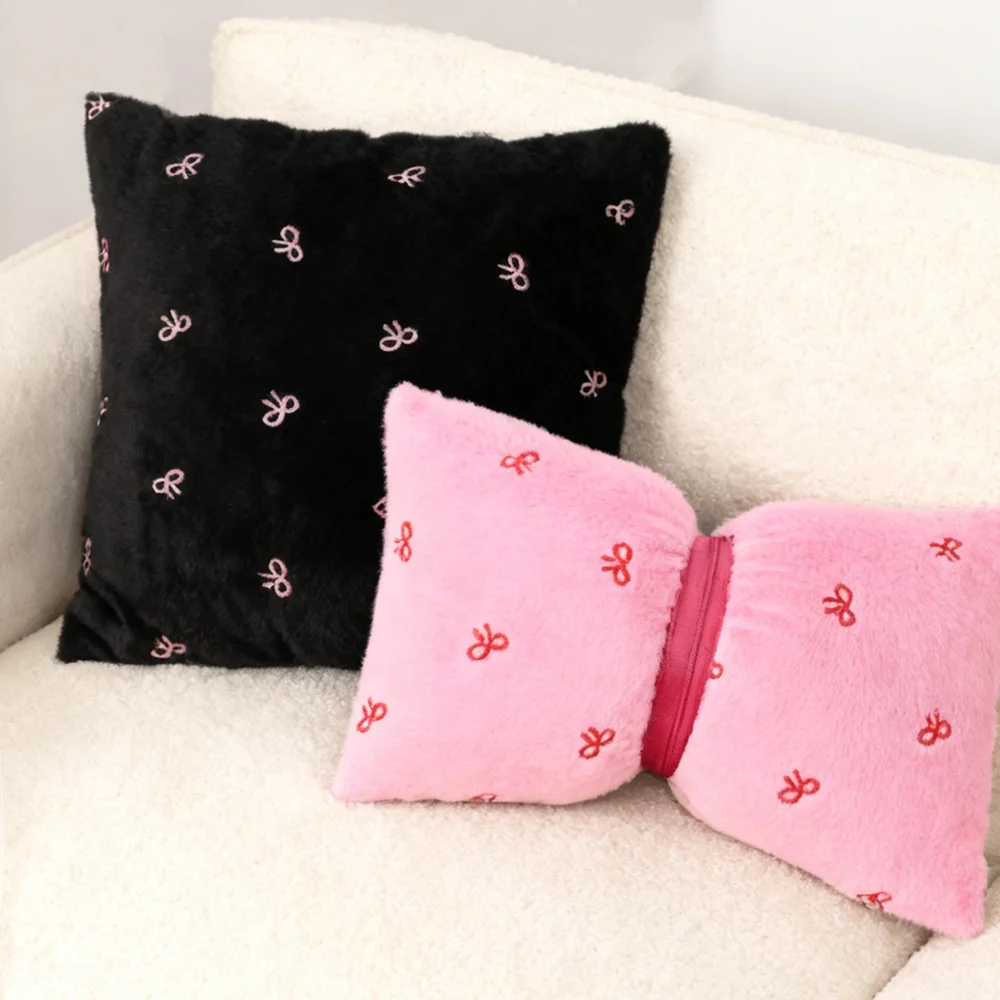 Embroidery Bowknot Cushion Cover Coquette Room Decor Cute Bow Fluffy Plush Pillow Cover for Bed Sofa Couch Christmas Decor