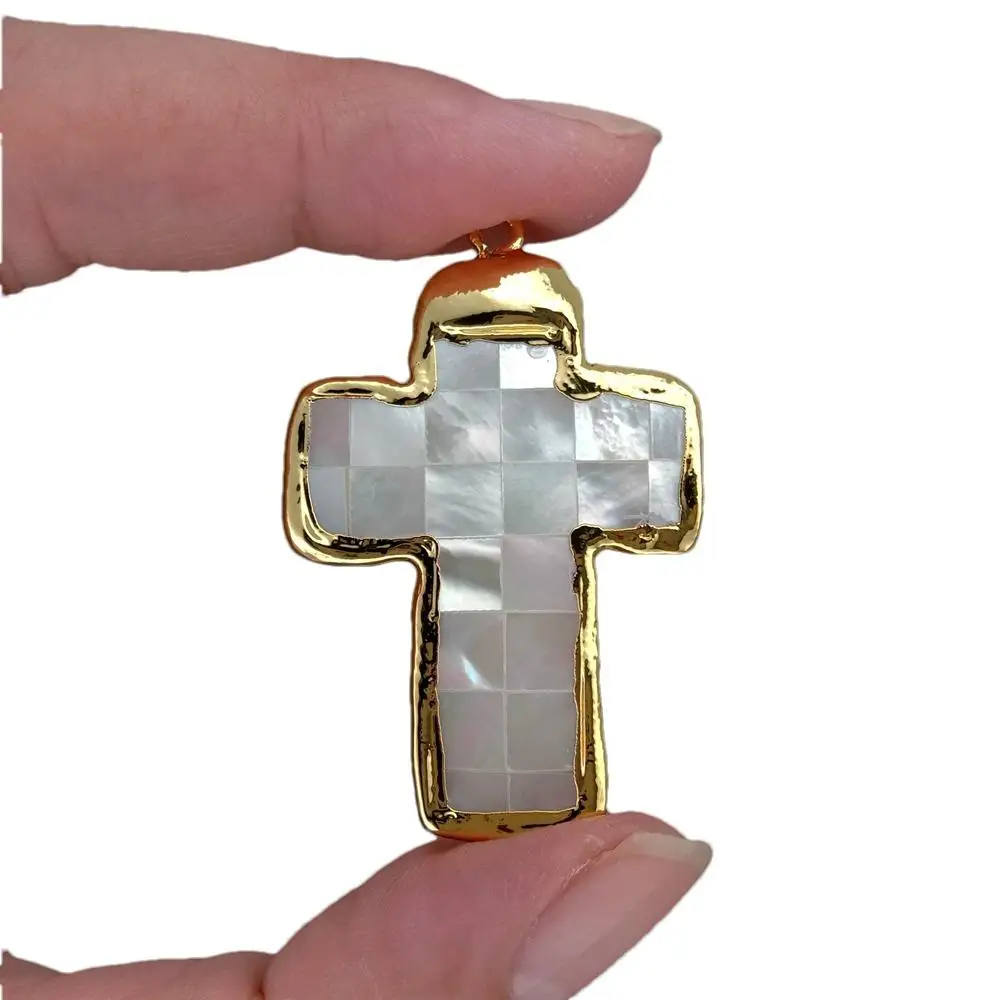 5 Pcs White Shell 30x40mm Crucifix Pendant Gold Plated For Jewelry Making