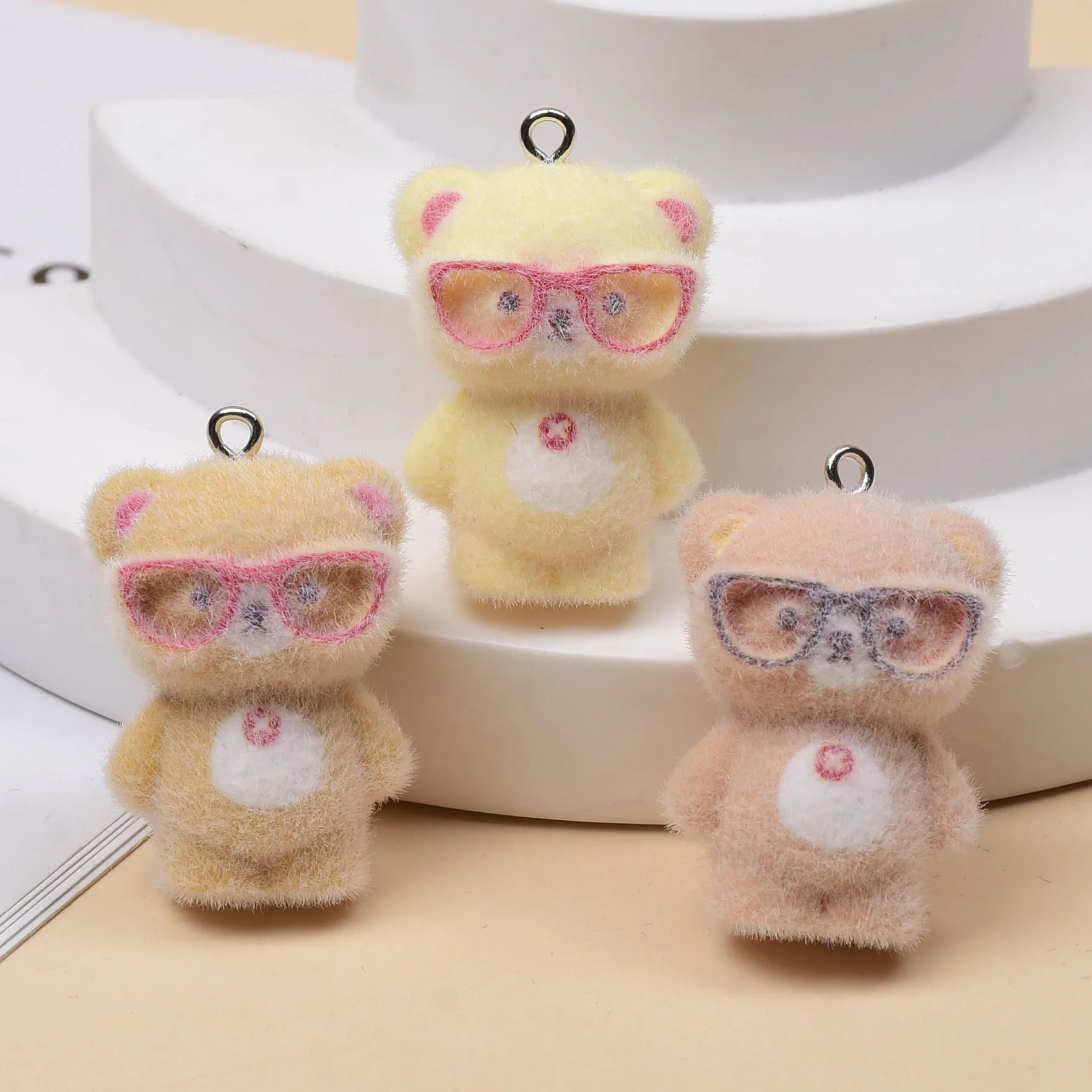 

3pcs 3D Flocking Glasses Little Bear Charms Cartoon Resin Animal Pendant For make Keychain phone charm DIY Jewelry Accessories