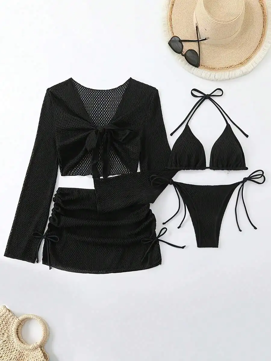 

4-Piece Black Mesh V-Neck Long Sleeve Bikini Set For Women Beach Vacation Summer
