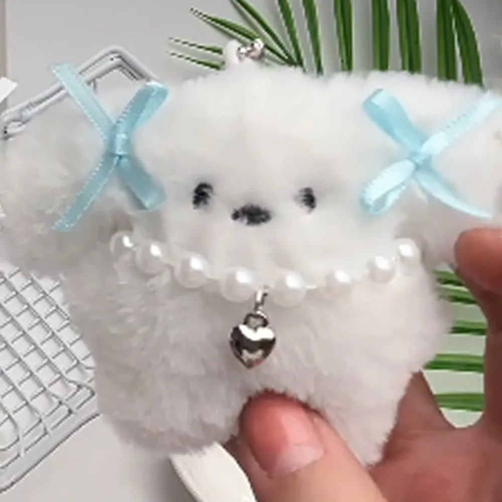 Squeak White Dog Plush Keychain Small Bell Stuffed Plush Doll Pendant Bow Cartoon Puppy Plush Keyring Christmas Gift