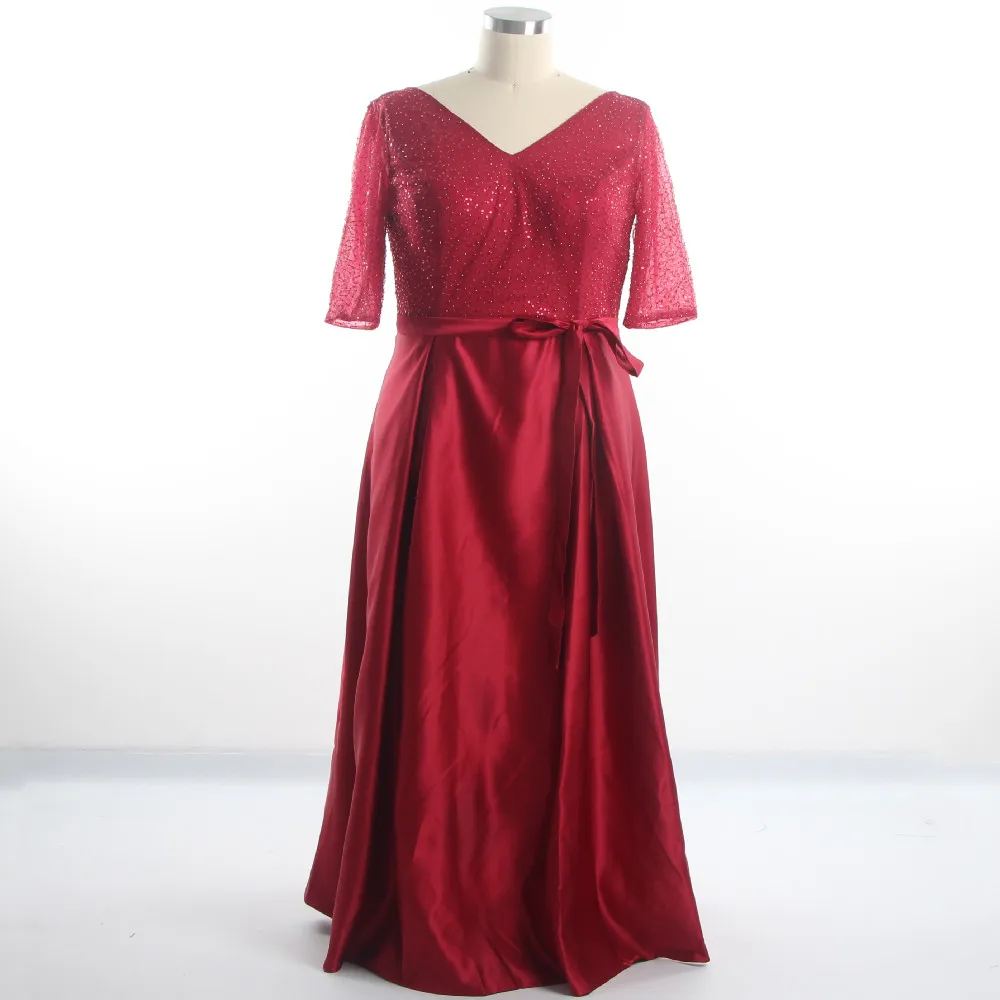 

Evening Dresses Plus size Pleat Burgundy Beading Sequins Satin V-neck Half Sleeves Straight Floor Length Women Party Dress C1487