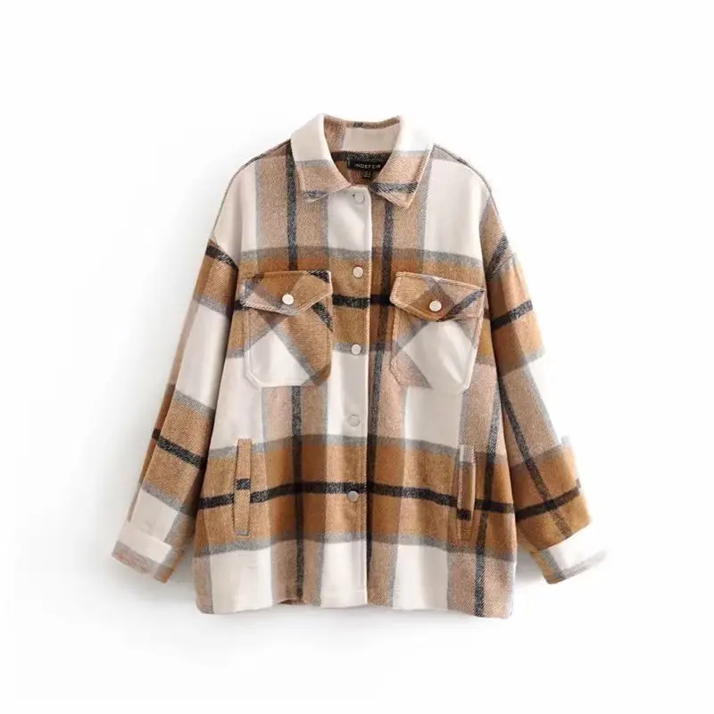 2023 Winter Oversize Gingham Plaid Woolen Shirt Jackets Warm Women Fashion Pockets Lapel Cute Girls Chic Check Coat Streetwear