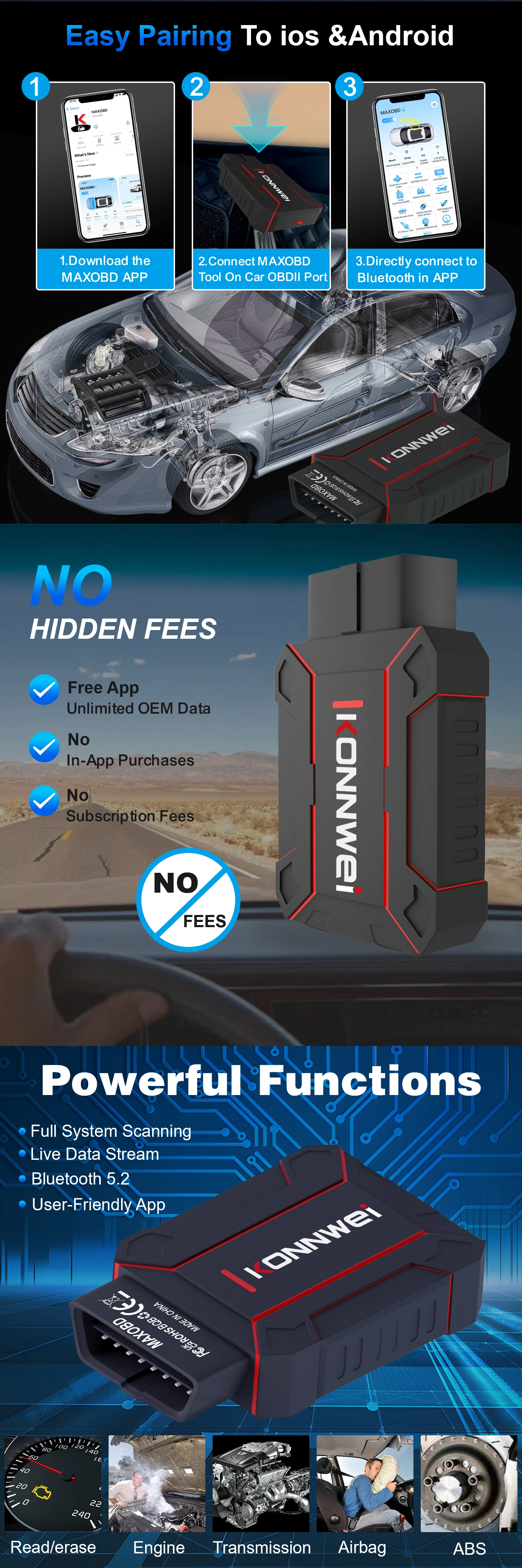 KONNWEI MAXOBD Bluetooth OBD2 Scanner Auto-Motorcode-Lesegerät Kfz-Diagnosegerät Unterstützt Android iOS Alle OBDII Benzinfahrzeuge – Detail 2
