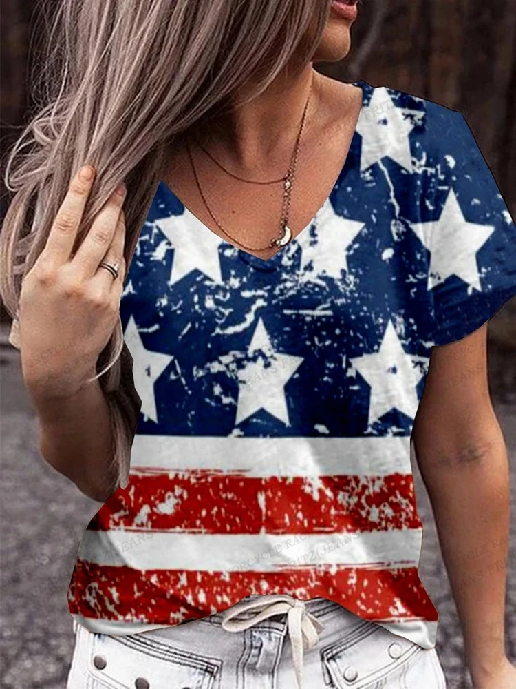 Women Fashion V-Neck Vintage T-shirts Short Sleeve Tops American Flag 3d Print T-shirt Tees Loose Casual Tees USA Flag Tops