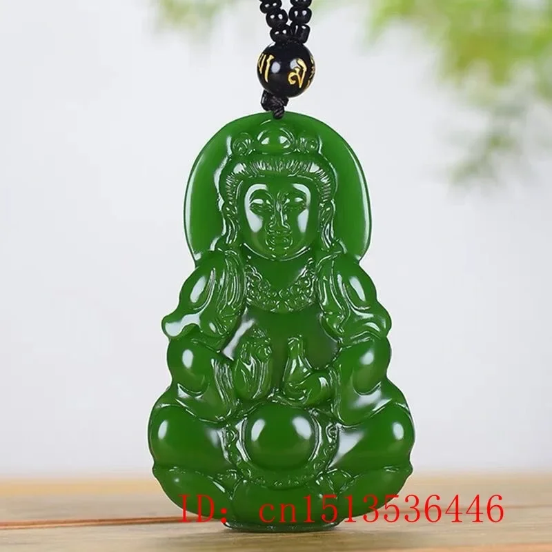 Chinese Natural Green Jade Guanyin Buddha Pendant Necklace Hand-Carved Charm Jadeite Jewelry Fashion Amulet Gifts for Men Women