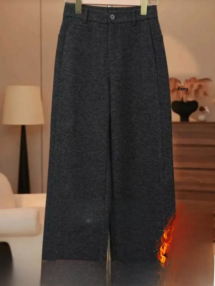 Damskie wełniane spodnie z szerokimi nogawkami, miękkie, proste, do pracy, z wysokim stanem, z detalami, w stylu koreańskim.