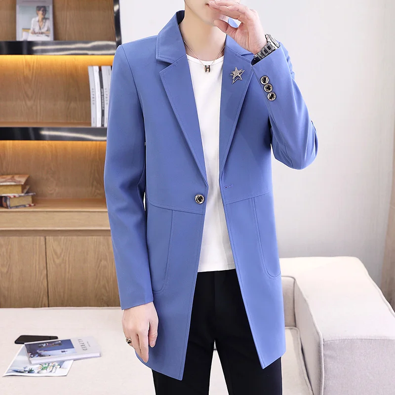 

Spring Men's Casual Sle Long Coat Sli Cotton Polyester Fabric Single Button Pure Color Busin Suit Jaet for Youth