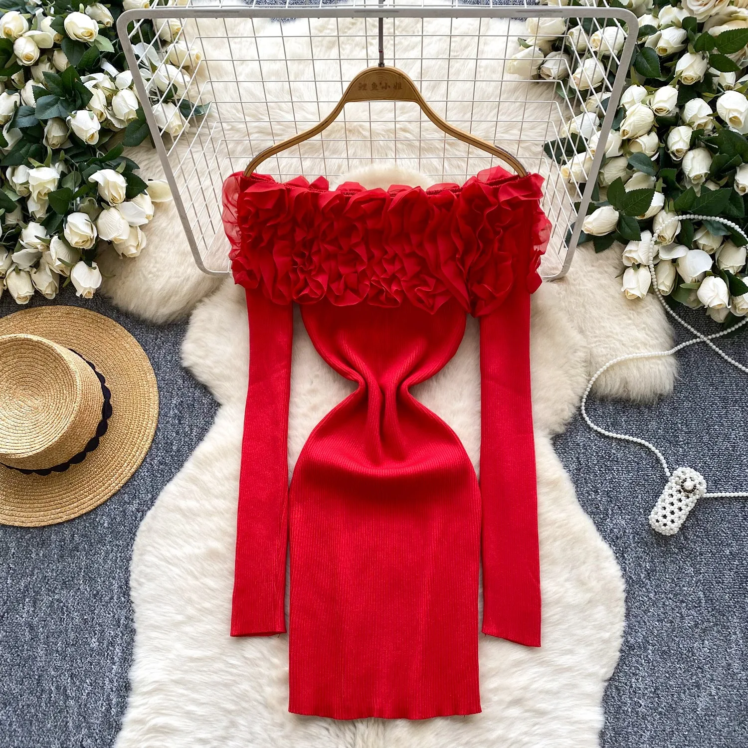 YuooMuoo Damenkleid Sexy Schulterfreies Figurbetontes Kurzkleid Herbstmode Gestricktes Partykleid Streetwear