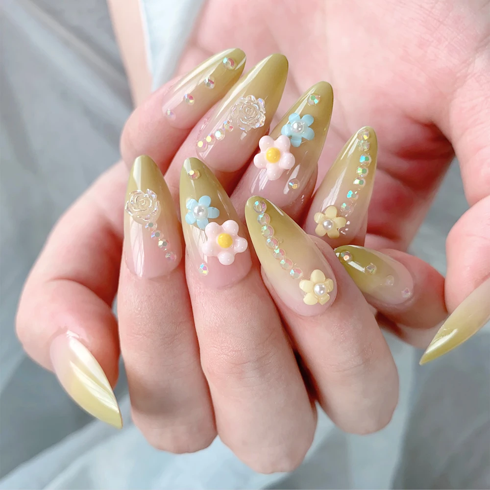 24 pçs gradiente amêndoa francês unhas falsas primavera flor design capa completa extensão de unhas falsas wearable imprensa em unhas para mulher
