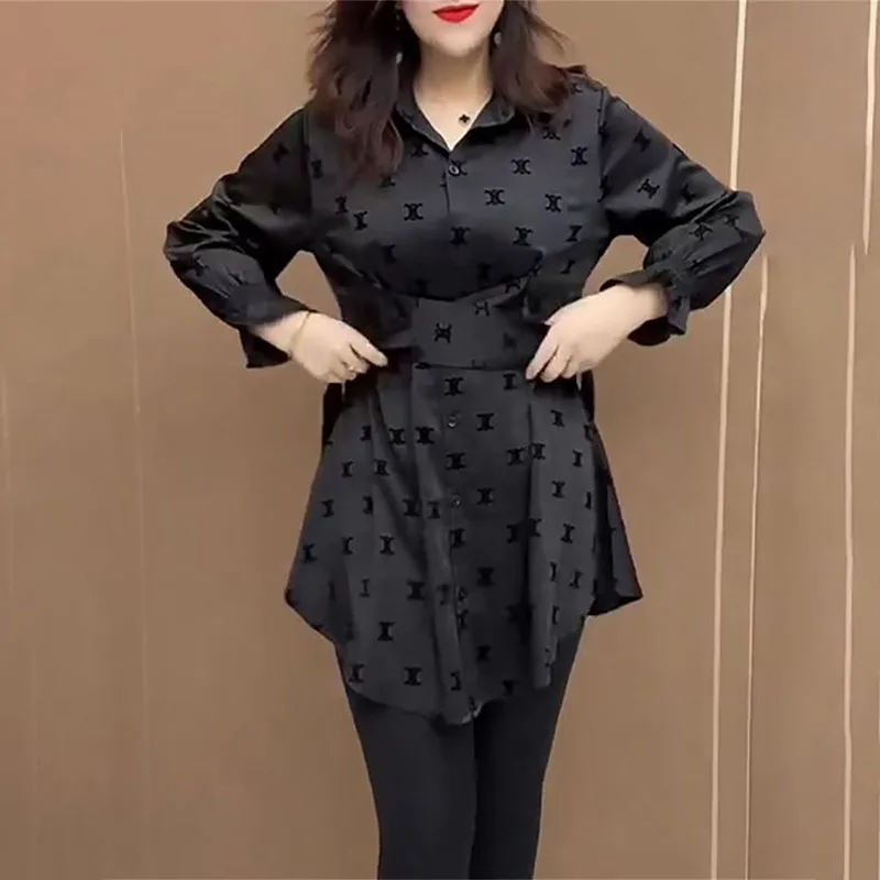 Polo Neck Long Sleeve Printed Shirt Women's 2024 Spring Autumn Single-Breasted Design Shirts Top Fashion Black Blouse Coat