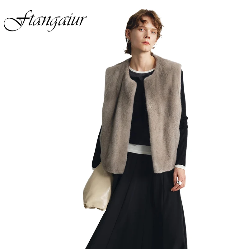 

Новая зимняя импортная вельветовая норковая шуба-жилет Ftangaiur с V-образным вырезом, без рукавов, свободного кроя, женская, средней длины, из натурального меха норки