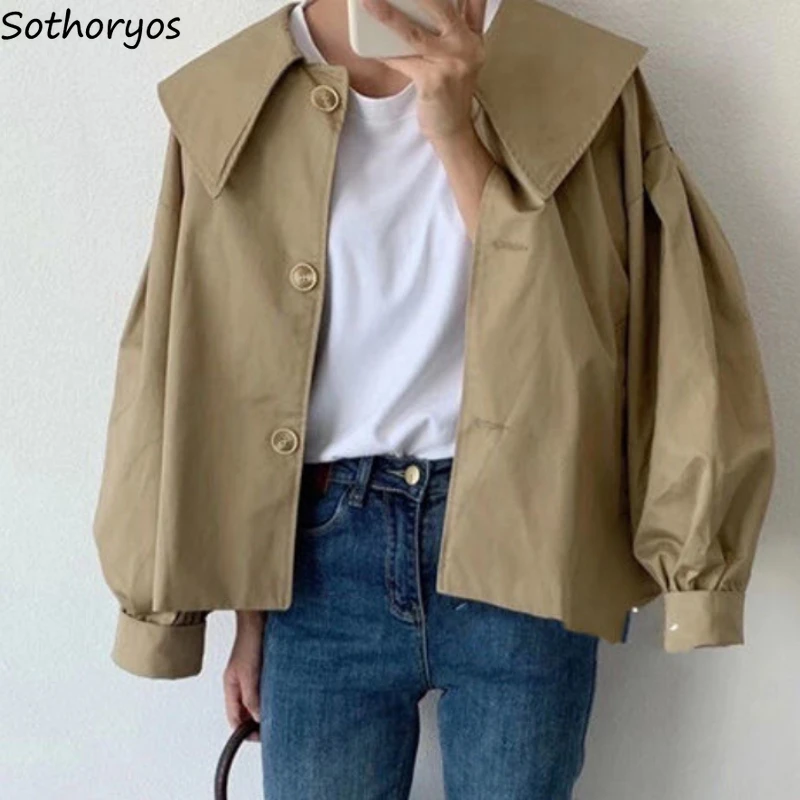

Khaki Jackets Women Long Sleeve Baggy Vintage Cropped Outwear Korean Style Peter Pan Collar Spring Female Clothes Temper Daily