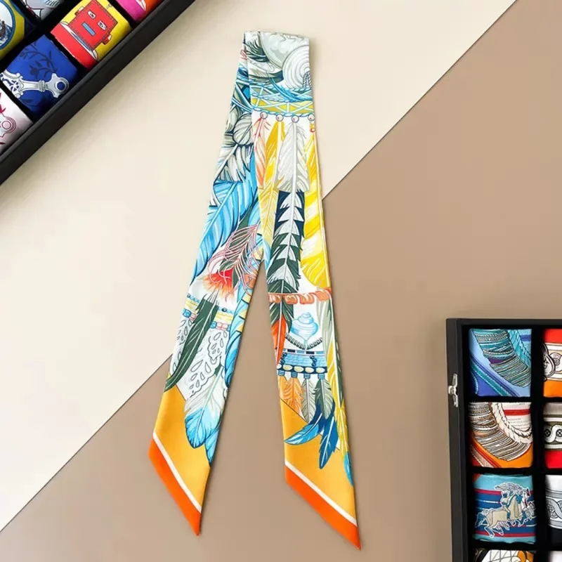 2024 Fashion New Animal Feather Pattern Ladies Leisure Decoration Twill Long Strip Streamer Silk Scarf Tie Bind A Bag Ribbon