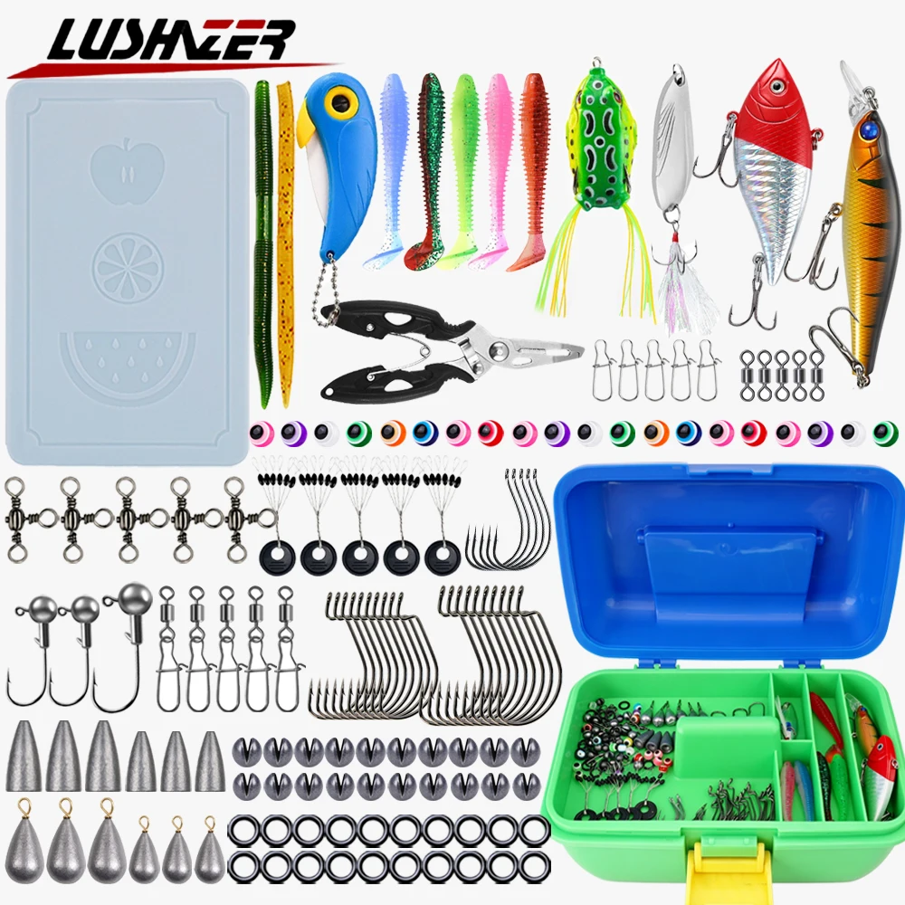 lushazer-144-piece-fishing-tackle-kit-lure-set-soft-lures-hard-baits-hooks-sinkers-swivels-pliers-tackle-box-bass-trout-pike