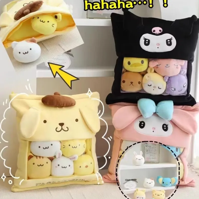 

Kawaii Cartoon Sanrios Snack Bag Shape Pillow Cushion With Several Mini Plush Dolls Anime Cute Bedroom Ornaments Gift Plush Toys