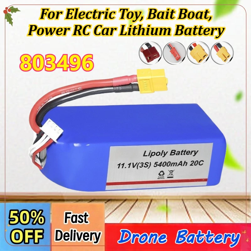 

11.1V 5400mAh 803496 20C High-rate Drone Lithium Battery for Electric Toy, Bait Boat, Power RC Car Accessories Lithium Battery