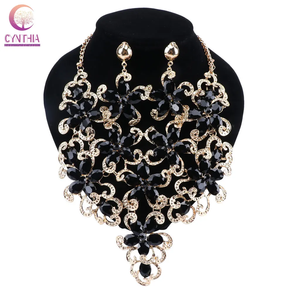 CYNTHIA New Fashion Flowers Jewelry Sets Dubai Gold Color Chain Pendant Necklace Earrings sets Women\'s Party Costume Jewellery