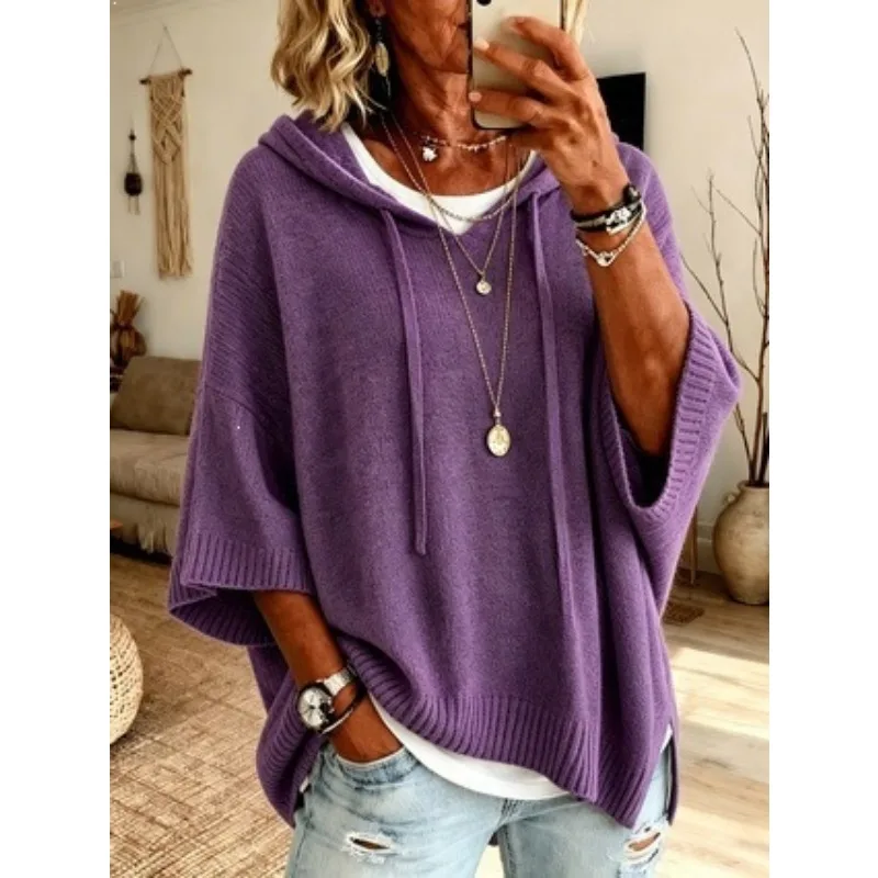 Women Hooded Drawstring Knit Sweater Loose 3/4 Sleeve Solid Color Casual Knit Outerwear
