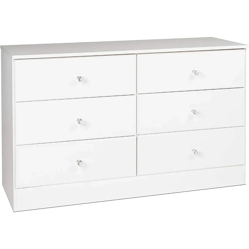 

Simple Prepac Astrid 6 Drawer Double Dresser For Bedroom With Crystal Knobs, 16" D X 47.25" W X 28.25" H, White