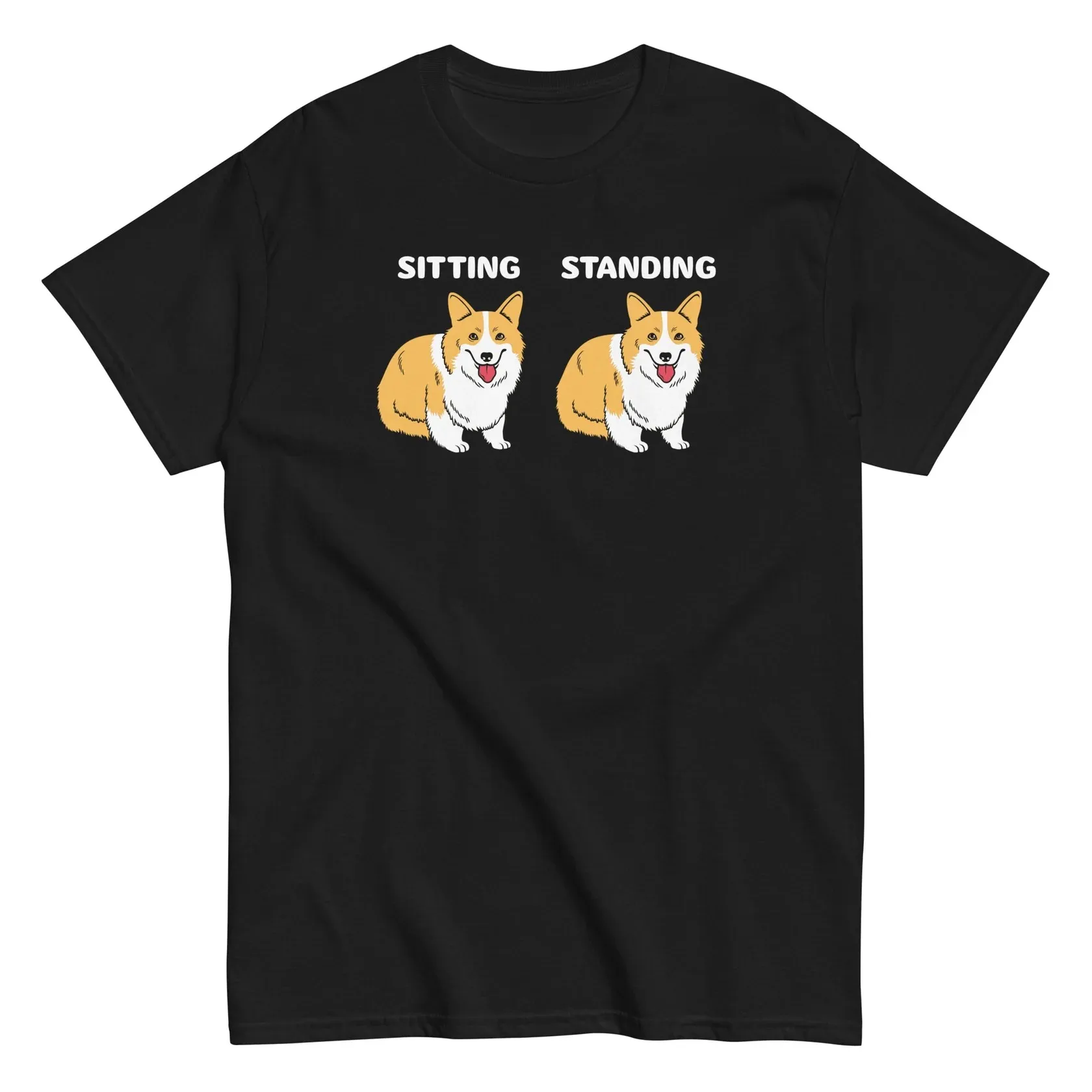 CORGI SITTING AND STANDINGFunnyT-Shits Graphic Print Casual Tee Shirts  Cool Printed Crazy T shirts  Group Cool Crazy T shirts