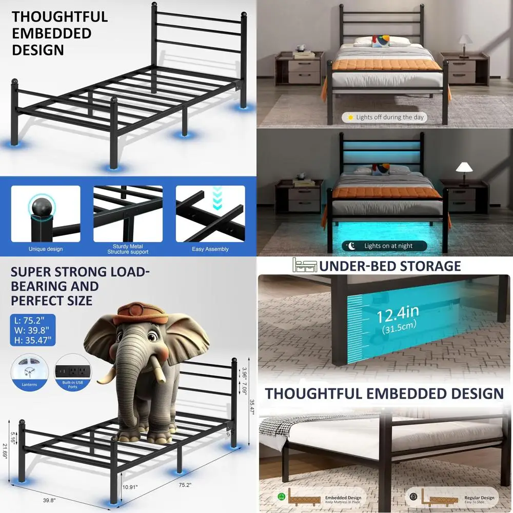 LED-Lit Metal Twin Bed Frame with Charging Station, Headboard, Slats, No Box Spring Needed, Black