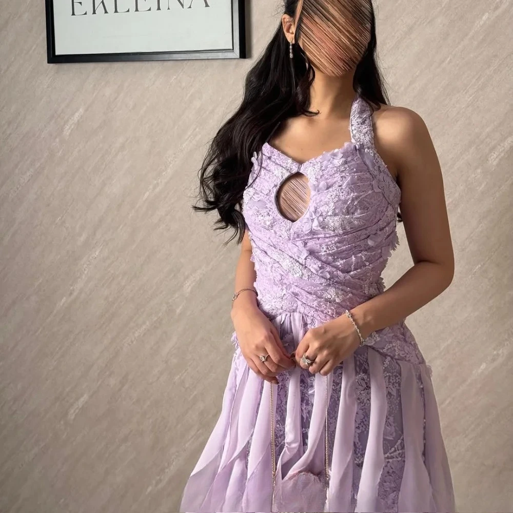 Fresh Lilac Formal Evening Dress Halter Neck Front Keyhole Ruched Lace Bodice Multi-Layer Waterfall Ruffle Prom  Customized