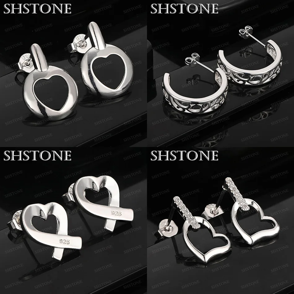 

Women 925 Sterling Silver Heart Semicircle Hollow Out Stud Earrings Valentine's Day Gift Party Fashion Charm Jewelry Accessories