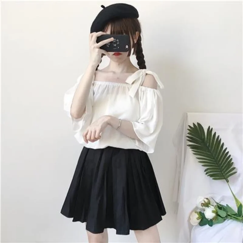 Sweet Off Shoulder Striped Shirts Summer New Short Sleeve Loose Hollow Out Lacing T Shirt Tops Fashion Korean Women Clothing