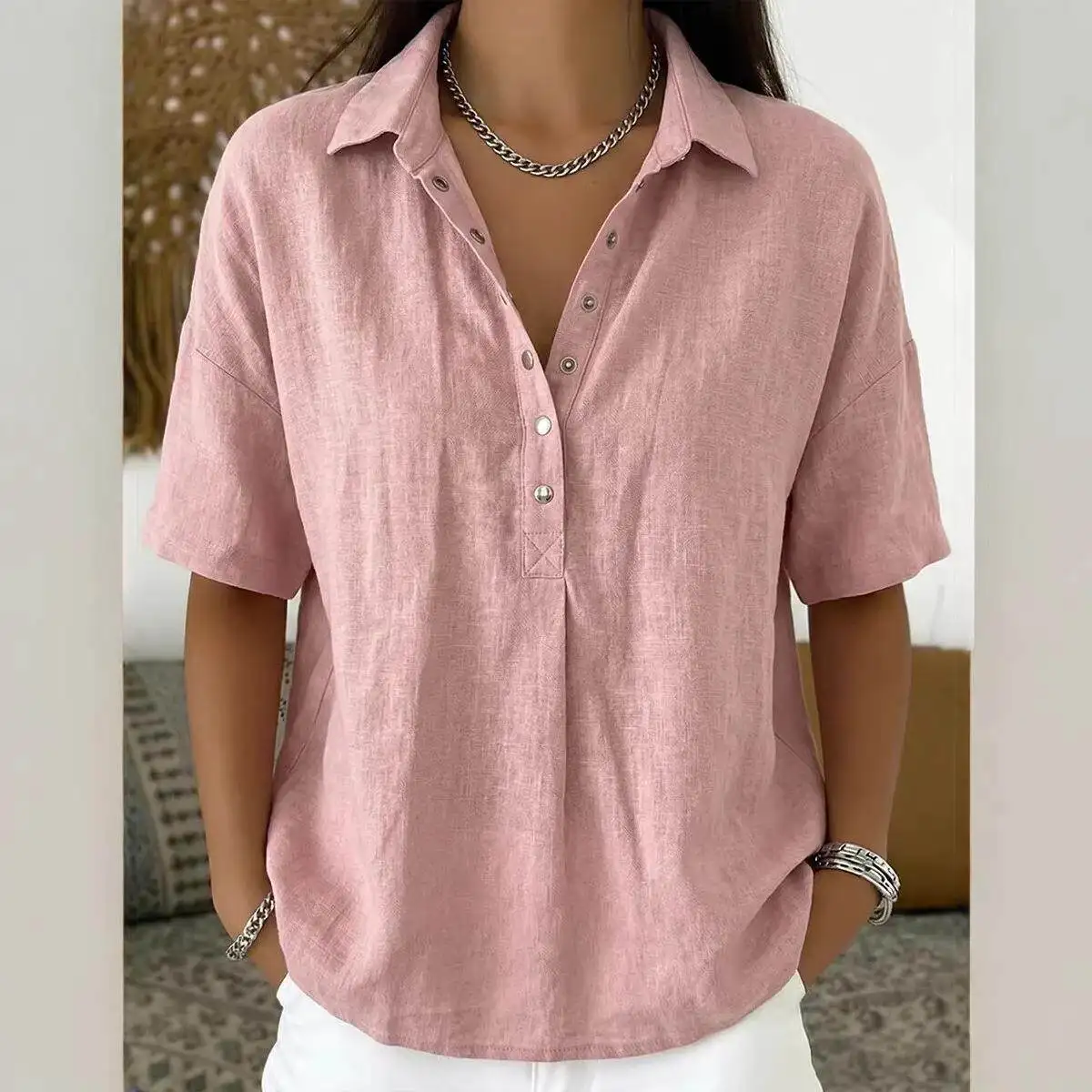 

Summer 2026 Women's Loose Comfortable Pure Color Shirt Flip Collar Short Sleeve Cross-Border Independent Station