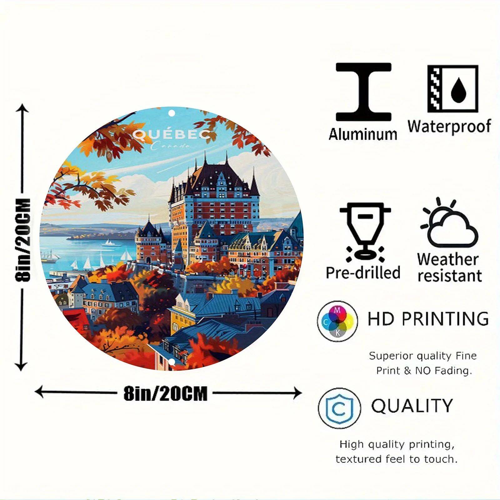 Vintage Quebec City 2D Printed Aluminum Metal Sign - 8x8 Inch Round Wall Art Decor, Scratch & UV Resistant, Anti-Graffiti Finish