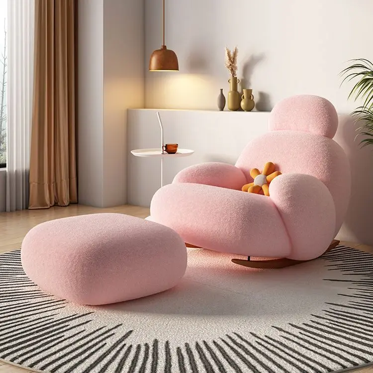 

living room upholstered comfortable single arm chair velvet fabric gold leg leisure relaxing recliner pink rocking sofa chair