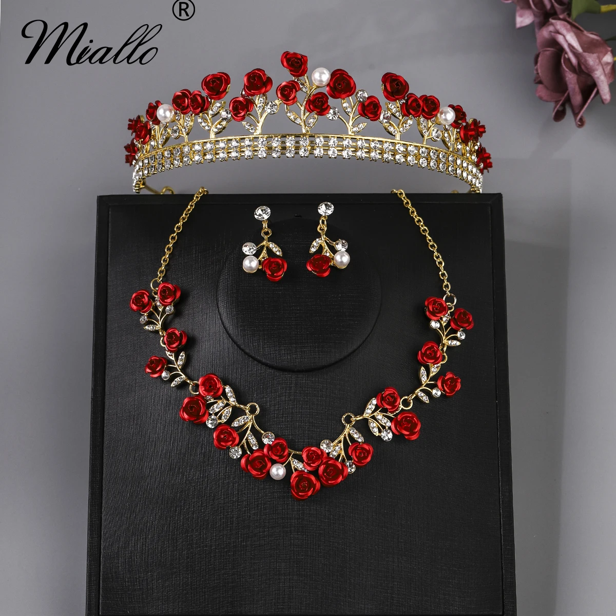 

Miallo Red Rose Flower Crown Necklace and Earrings Set Fashion Bridal Jewellery Accessories Wedding Headpieces