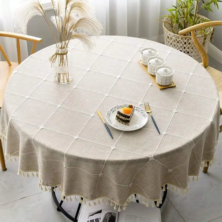 

1pc Round Plaid Tassel Tablecloth, Japanese Minimalist Decor For Dining Table, Coffee Table, Desk, Suitable For Dining Room,