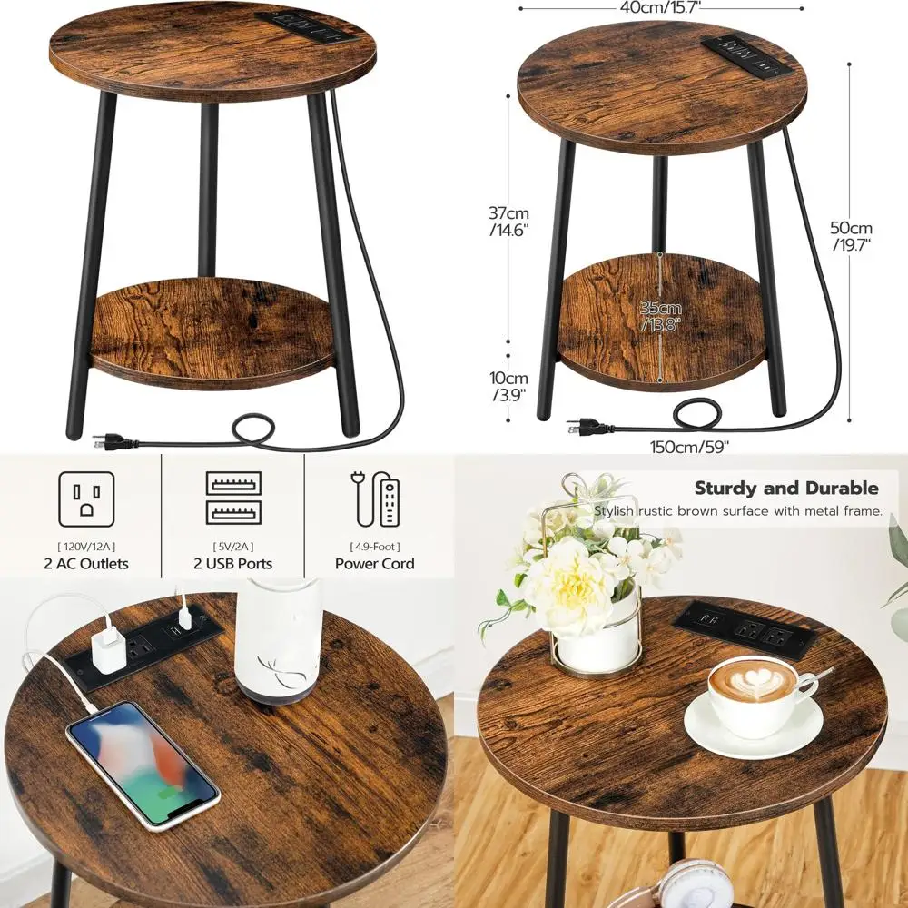 

Charging Station Round End Table, 2-Level Circular Side Table, Living/Bedroom Round Accent Table, Rustic Brown BF671BZ01