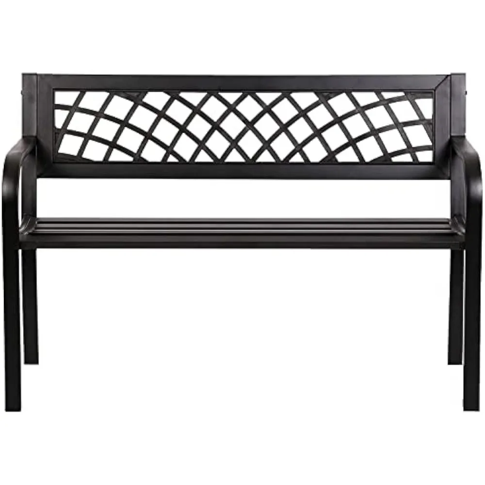 Garden Bench Park Outdoor for Metal with Plastic Backrest Armrests Sturdy Steel for Yard, Black 18.1"D x 45.5"W x 29.9"H