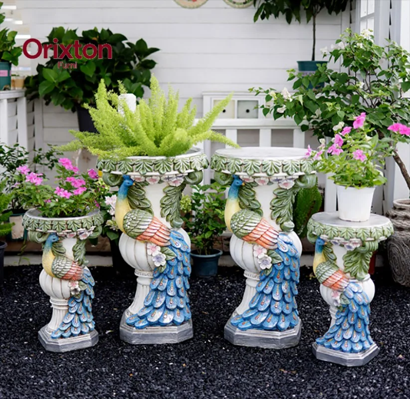 Nordic Peacock Flower Pot Roman Pillar Base Cement Decoration Item Courtyard Villa Figurine Ornament Outdoor Balcony Accessories