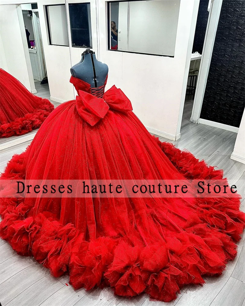 

Red Tulle Ruffles Quinceanera Dresses Ball Gown 2025 With Bow Birthday Party Dress Sweet 16 Dress Customized Vestidos 15 Años