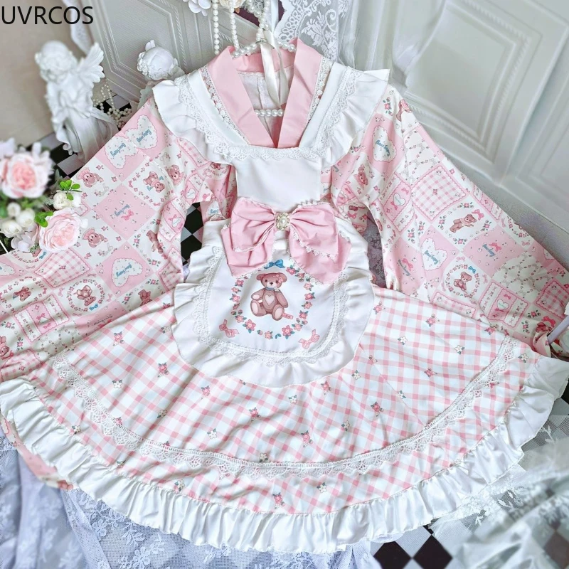 Pink Sweet Lolita Style Kimono Dress Set Women Vintage Kawaii Bow Flower Bear Print Princess Dresses Cute Maid Cosplay Costumes