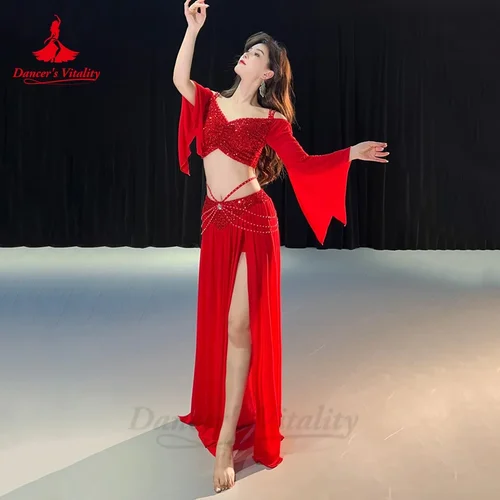 Conjunto de traje de danza del vientre para mujer, Top de manga larga de malla + falda larga de gasa, conjunto de entrenamiento de 2 uds, ropa de danza del vientre Oriental