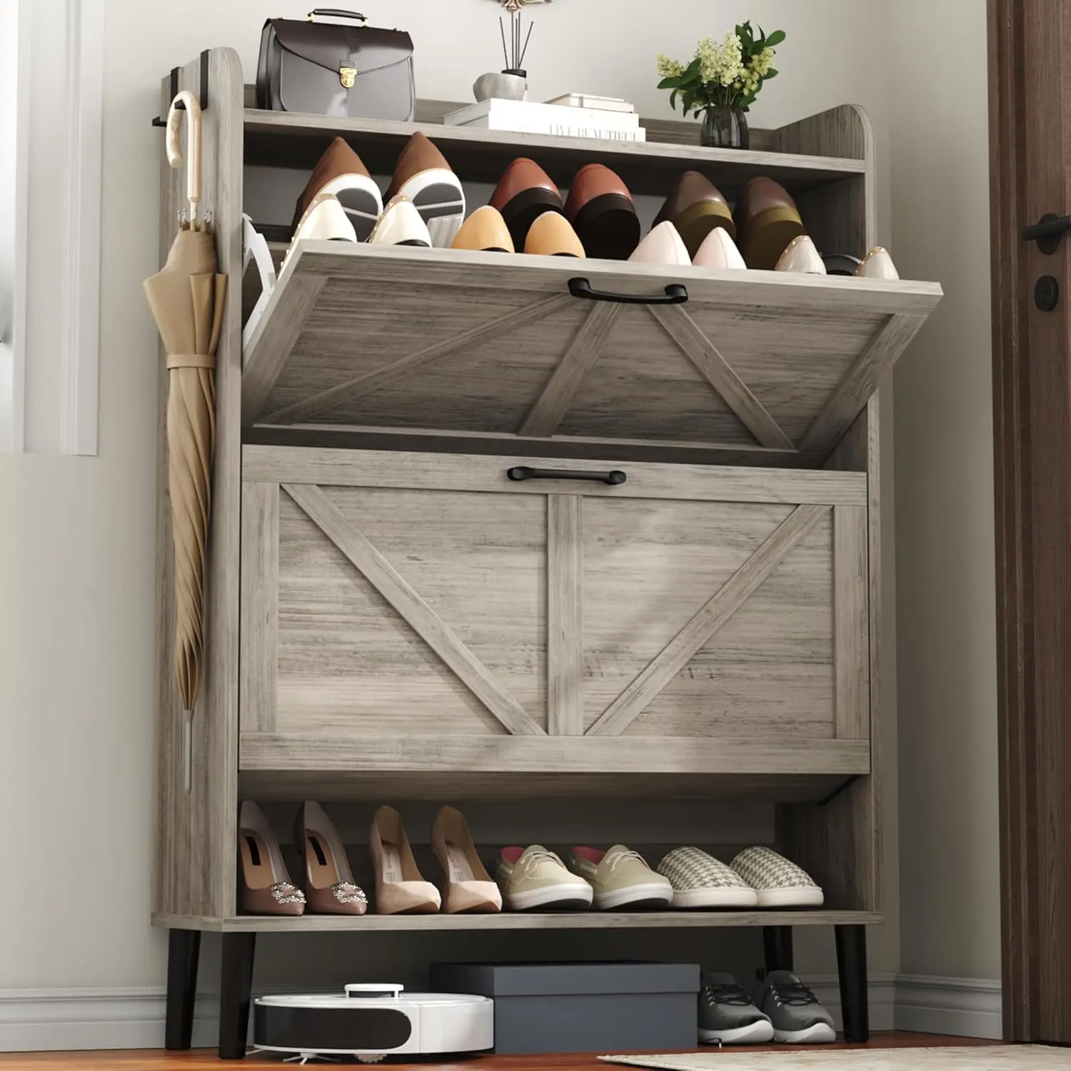 

Shoe Storage Cabinet for Entryway, 30" Freestanding Organizer with Two Flip Drawers, Narrow Hidden Shoe Rack with Wood Legs, Far