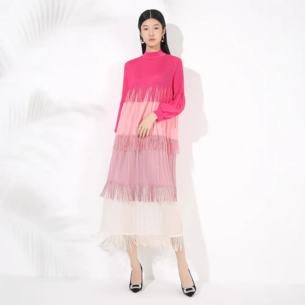 Miyake Pleated Dress Women's 2025 Spring New Heavy Industry Large Size Color Block Tassel Dress Fashion Splicing Long Skirt