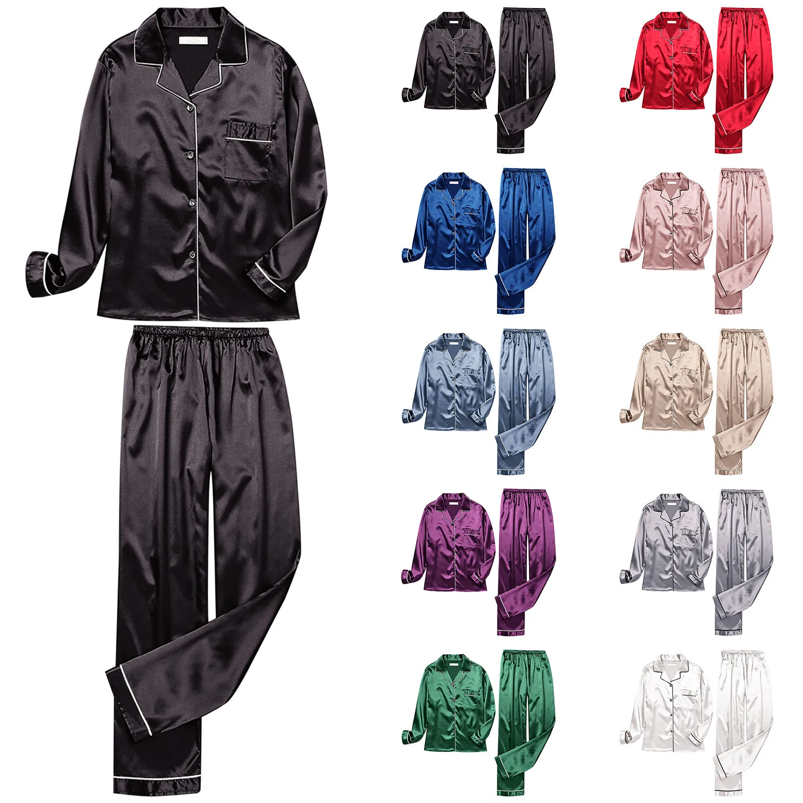 Sexy Satin Silk Solid Women Pajamas Elegant Button Up Lapel Top Casual Female Sleepwear Spring Long Sleeve Pants House Clothes