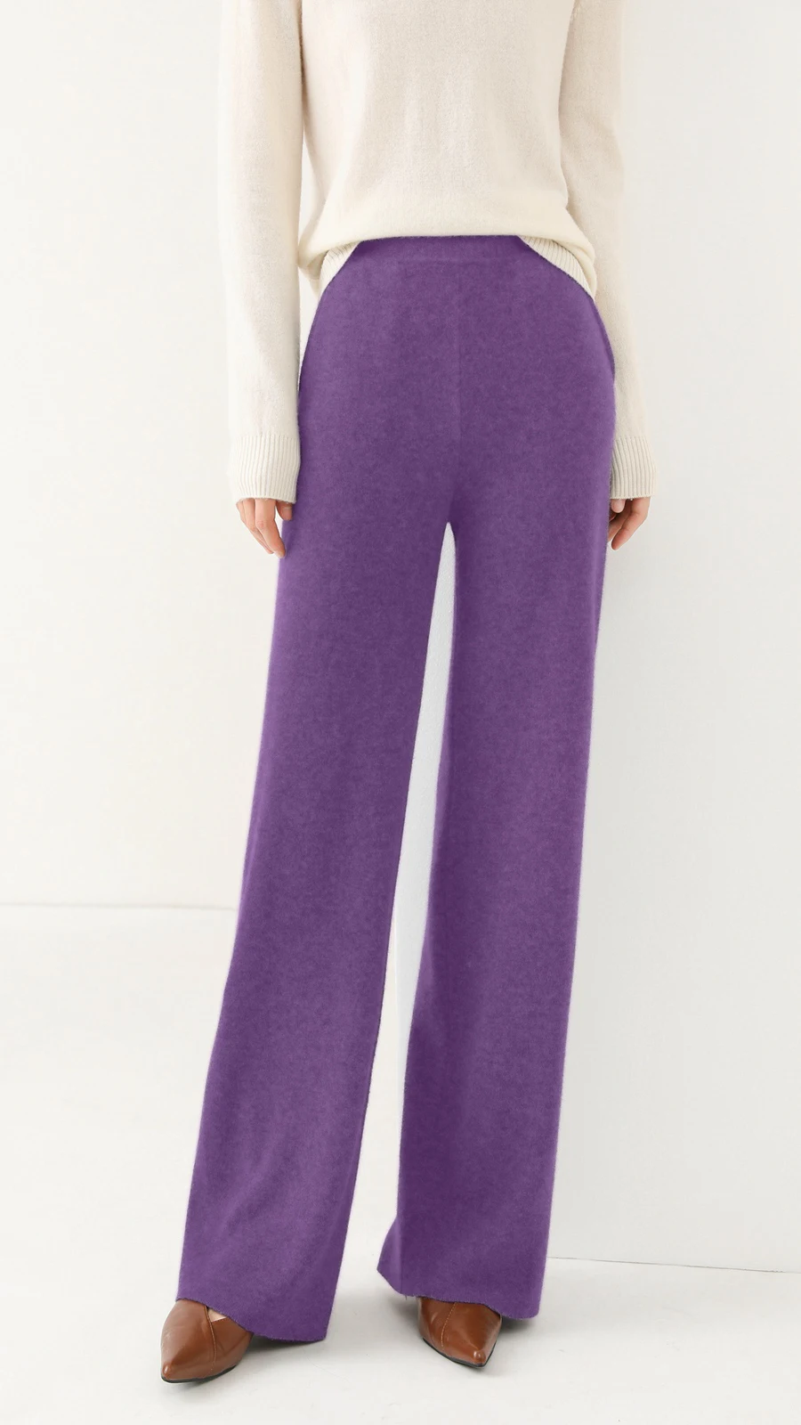 Women's 100% pure cashmere knit wide-leg pants with pockets, high waist, slimming, straight cylinder, casual, floor-length