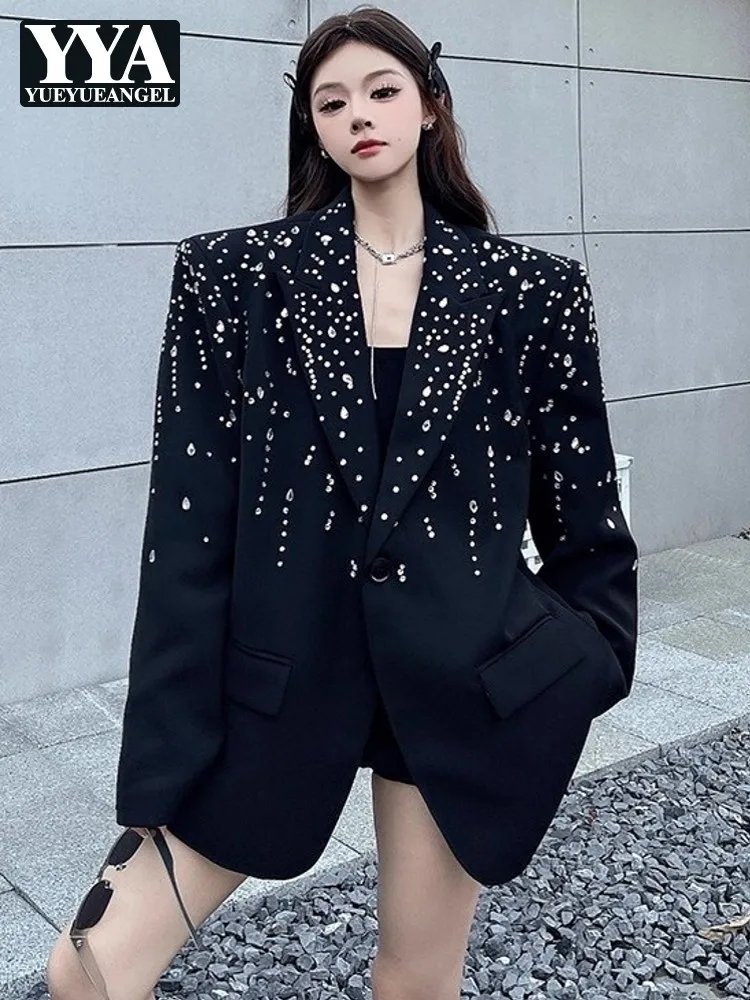 

Крутые стильные женские пиджаки с ромбовидным дизайном, свободный крой, черный пиджак, осенние куртки с длинными рукавами и одной пуговицей, повседневное праздничное пальто