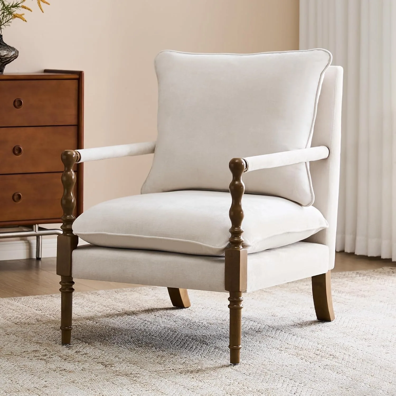 Spindle Accent Chair with Wood Frame and Removable Cushions