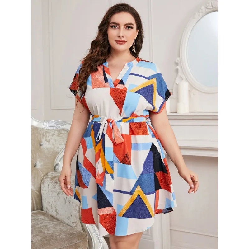 XL-4XL Plus Size Dresses for Women 2023 Short Sleeve V Neck Colorful Bandage Fat Summer Casual Elegant Midi Dress Dropshipping