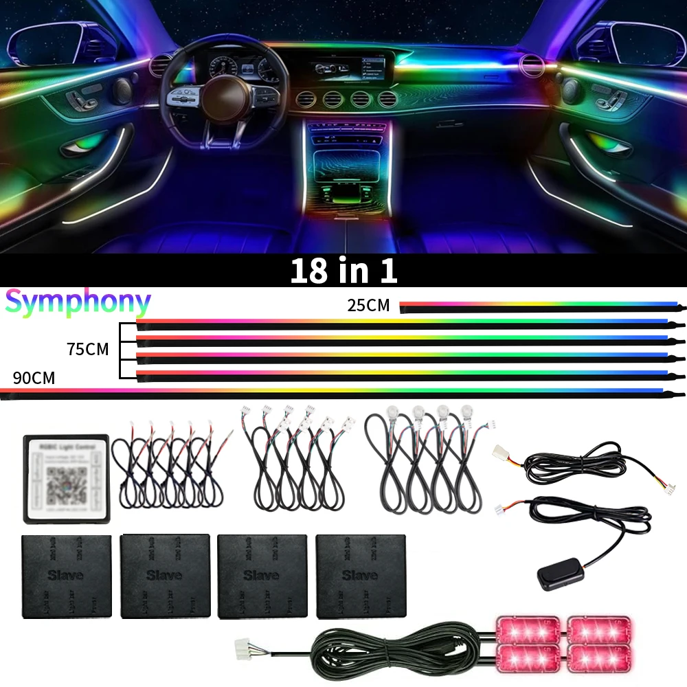 Lumière d'ambiance intérieure LED pour voiture, 18-en-1, RGB Symphony, 128 couleurs, modes multiples universels, éclairage décoratif, contrôle par app