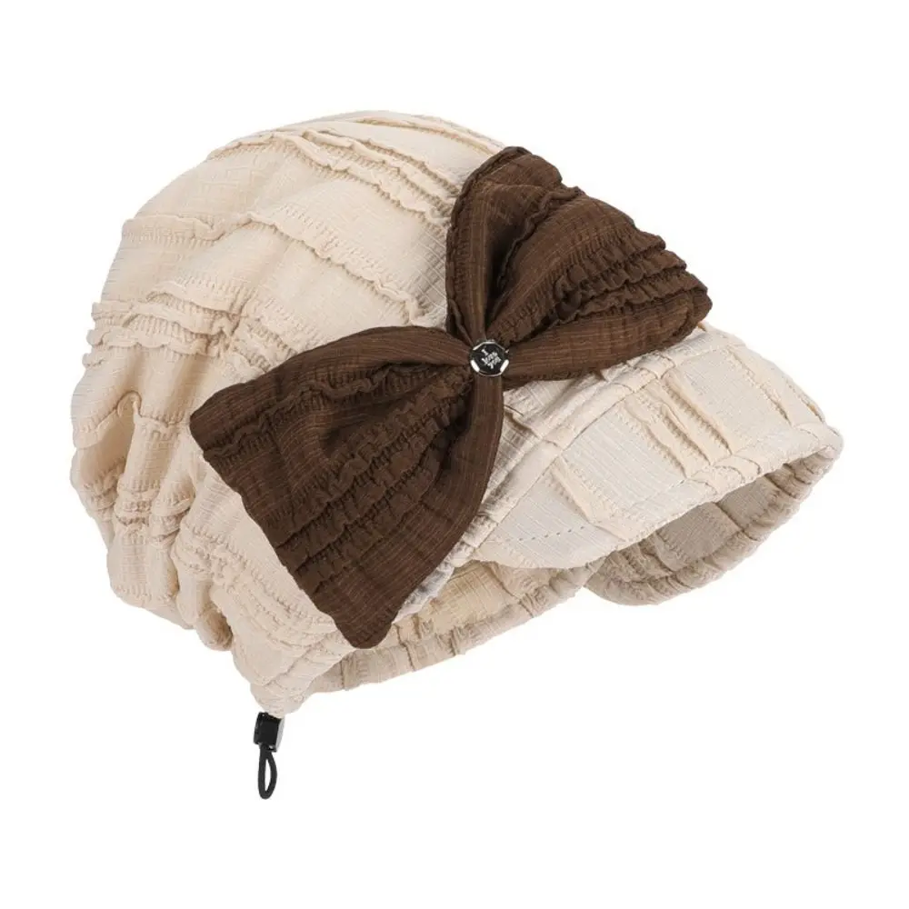 Soft Material Knitted Bucket Hat Adjustable Drawstring Bow Decoration Warm Beret Cap Double-Layer Knitted Foldable Design