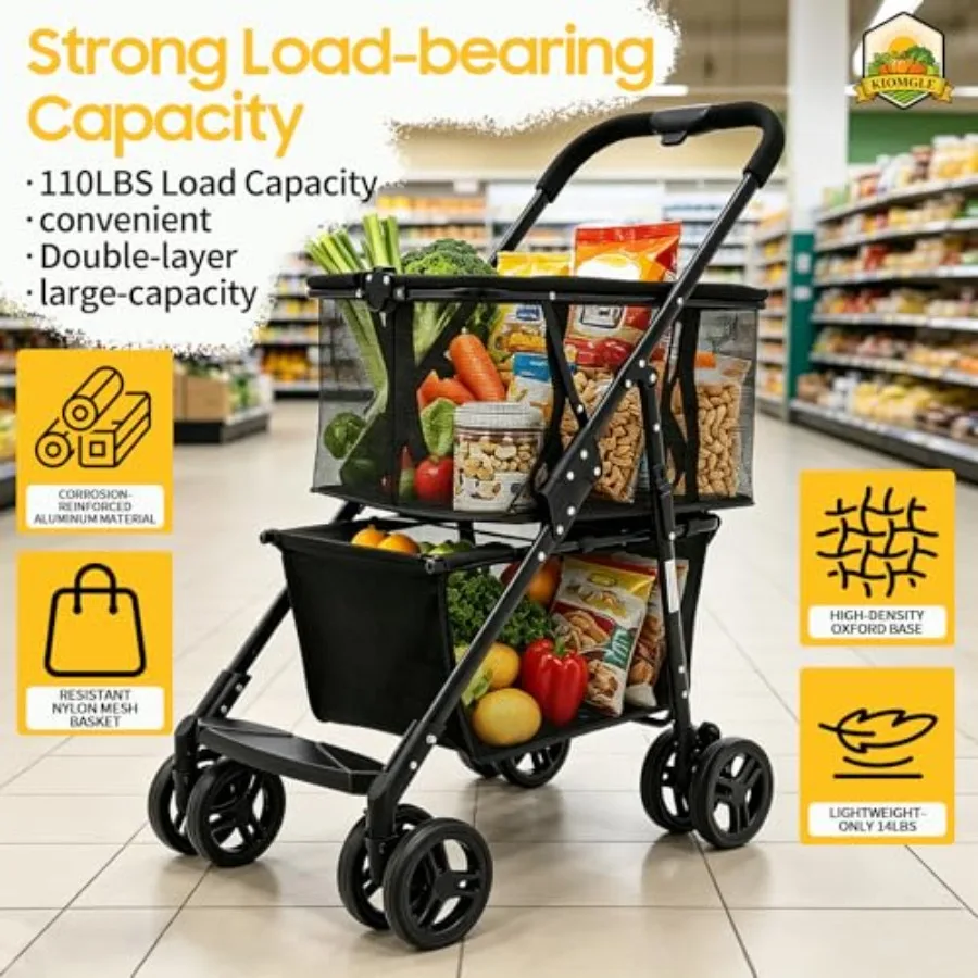 Upgraded Folding Shopping Cart, 110lbs Heavy Duty Grocery Cart Portable Multi Use Grocery Carts Aluminum Removable Tote Bag Car
